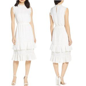 Avec les Filles Midi Dress Womens 4 White Shift Tiered Lined Ruffled Casual